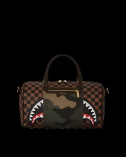 DUFFLES>SPRAYGROUND EXTERIOR GOLD ZIP POCKET SHARKS IN PARIS MINI DUFFLE