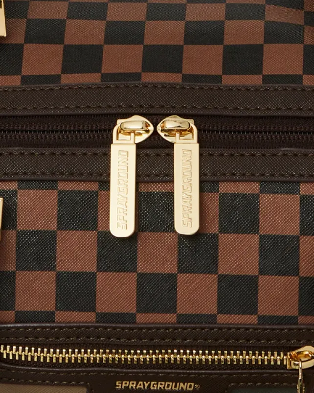 DUFFLES>SPRAYGROUND EXTERIOR GOLD ZIP POCKET SHARKS IN PARIS MINI DUFFLE