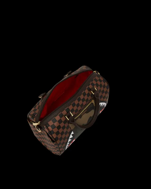 DUFFLES>SPRAYGROUND EXTERIOR GOLD ZIP POCKET SHARKS IN PARIS MINI DUFFLE