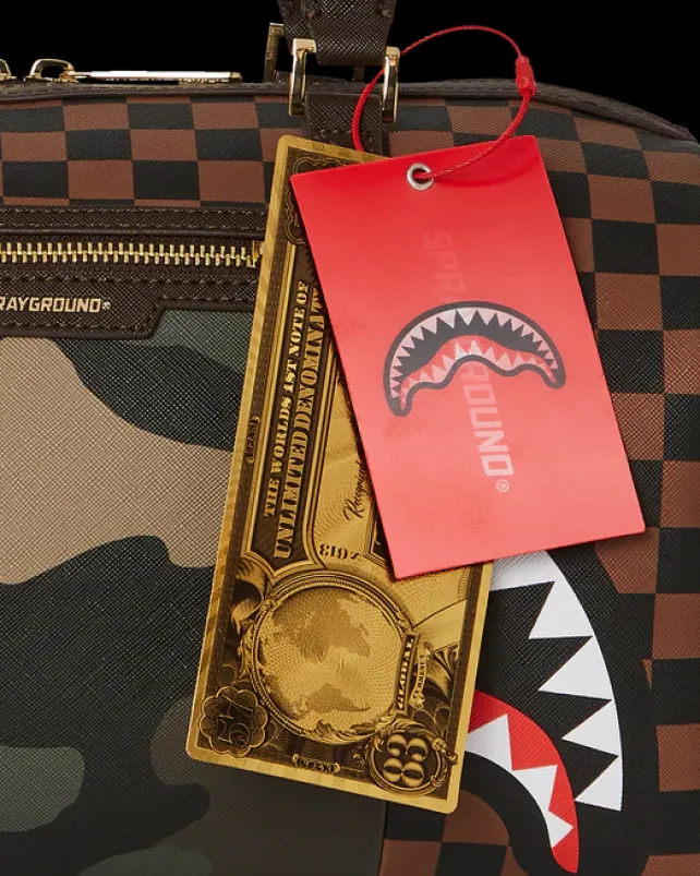 DUFFLES>SPRAYGROUND EXTERIOR GOLD ZIP POCKET SHARKS IN PARIS MINI DUFFLE
