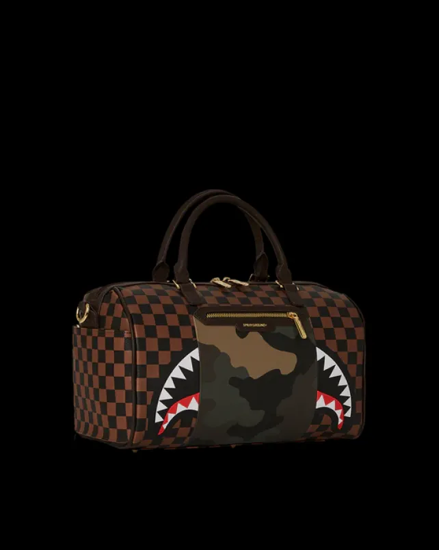 DUFFLES>SPRAYGROUND EXTERIOR GOLD ZIP POCKET SHARKS IN PARIS MINI DUFFLE