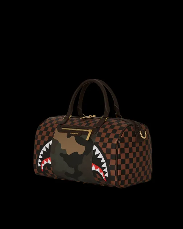DUFFLES>SPRAYGROUND EXTERIOR GOLD ZIP POCKET SHARKS IN PARIS MINI DUFFLE