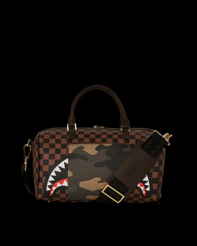 DUFFLES>SPRAYGROUND EXTERIOR GOLD ZIP POCKET SHARKS IN PARIS MINI DUFFLE
