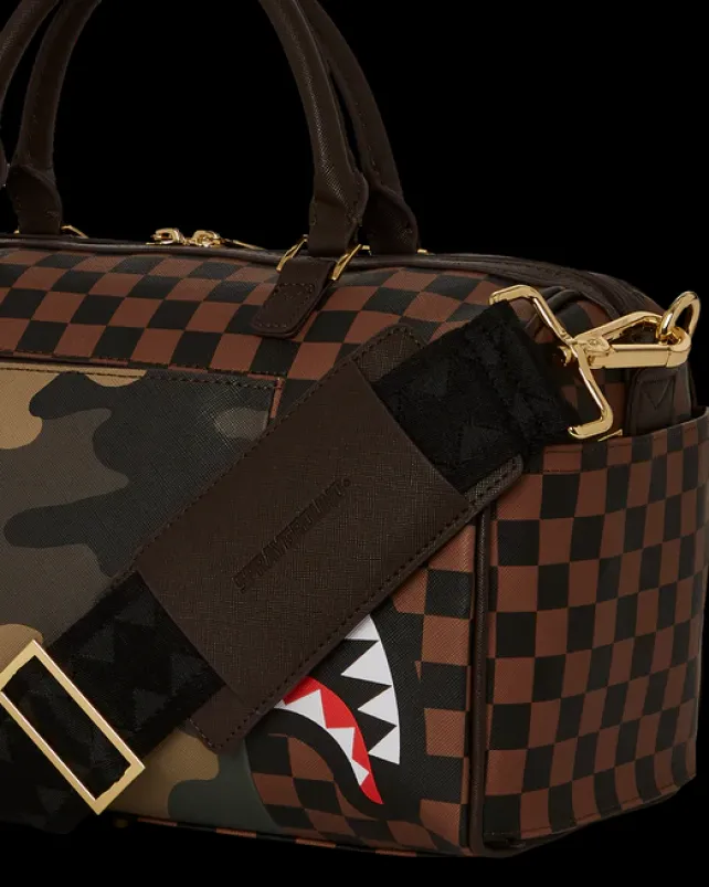 DUFFLES>SPRAYGROUND EXTERIOR GOLD ZIP POCKET SHARKS IN PARIS MINI DUFFLE