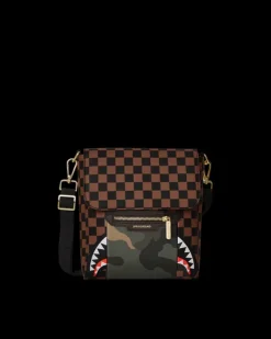 SLINGS|CROSSBODYS>SPRAYGROUND EXTERIOR GOLD ZIP POCKET SHARKS IN PARIS MESSENGER SLING BAG