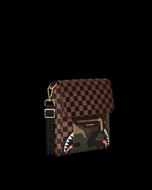 SLINGS|CROSSBODYS>SPRAYGROUND EXTERIOR GOLD ZIP POCKET SHARKS IN PARIS MESSENGER SLING BAG