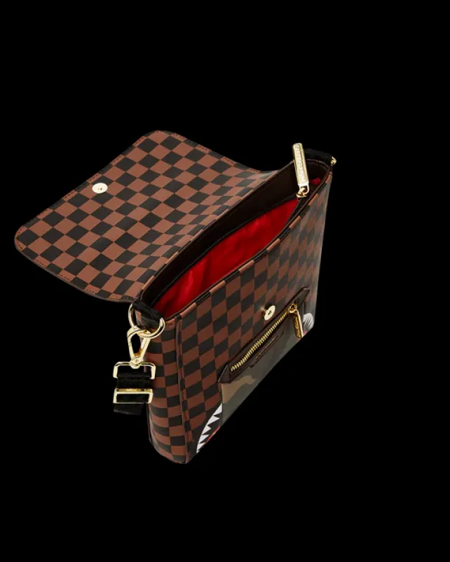 SLINGS|CROSSBODYS>SPRAYGROUND EXTERIOR GOLD ZIP POCKET SHARKS IN PARIS MESSENGER SLING BAG