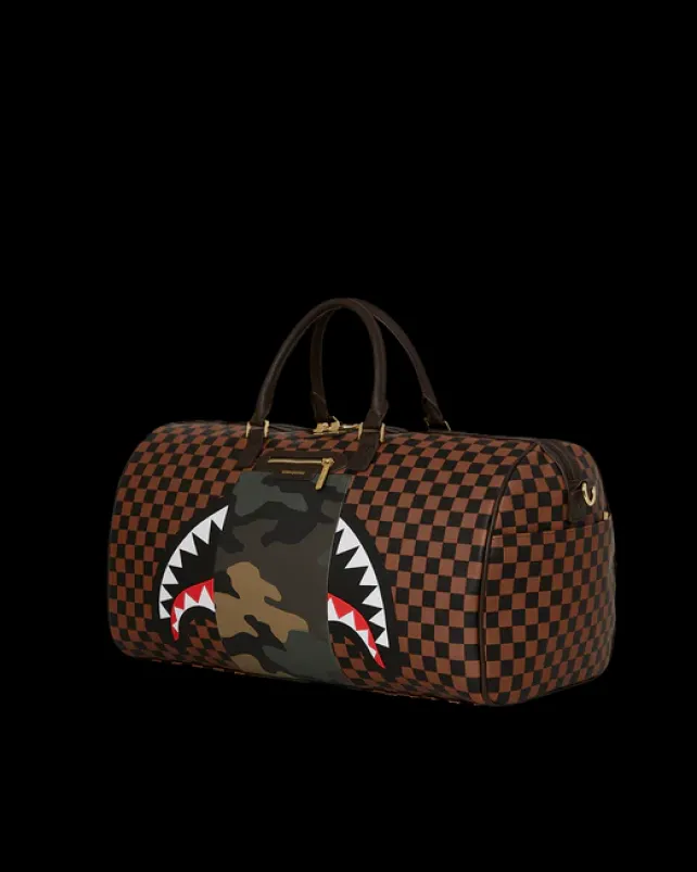 DUFFLES>SPRAYGROUND EXTERIOR GOLD ZIP POCKET SHARKS IN PARIS DUFFLE
