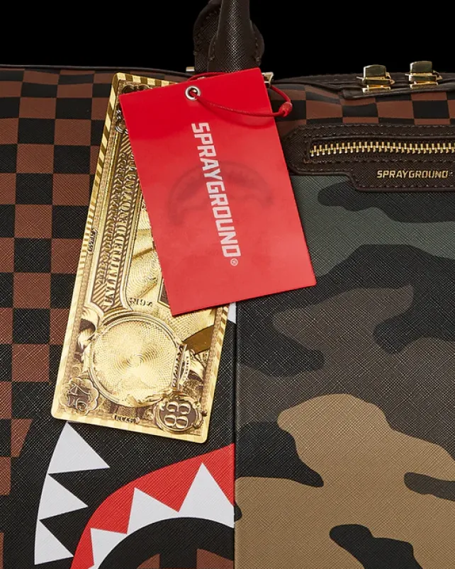 DUFFLES>SPRAYGROUND EXTERIOR GOLD ZIP POCKET SHARKS IN PARIS DUFFLE