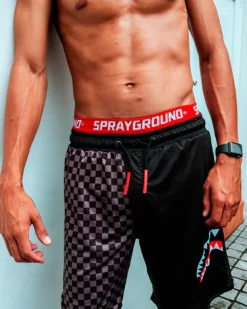 SWIMWEAR>SPRAYGROUND GREY CHECKERED SPLIT CORTO SWIM TRUNKS