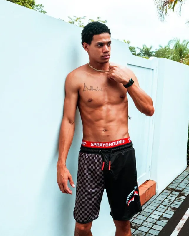 SWIMWEAR>SPRAYGROUND GREY CHECKERED SPLIT CORTO SWIM TRUNKS