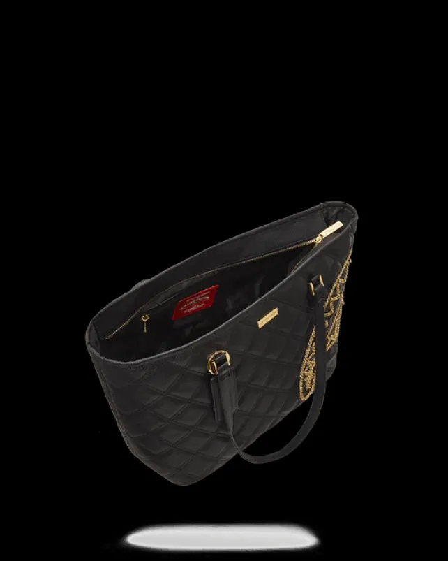 TOTES|HANDBAGS>SPRAYGROUND NOIR QUILT GOLD CHAIN SHARK TOTE