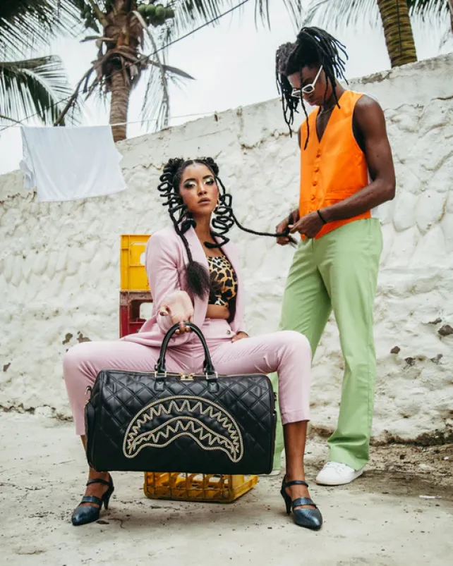 DUFFLES>SPRAYGROUND NOIR QUILT GOLD CHAIN SHARK DUFFLE