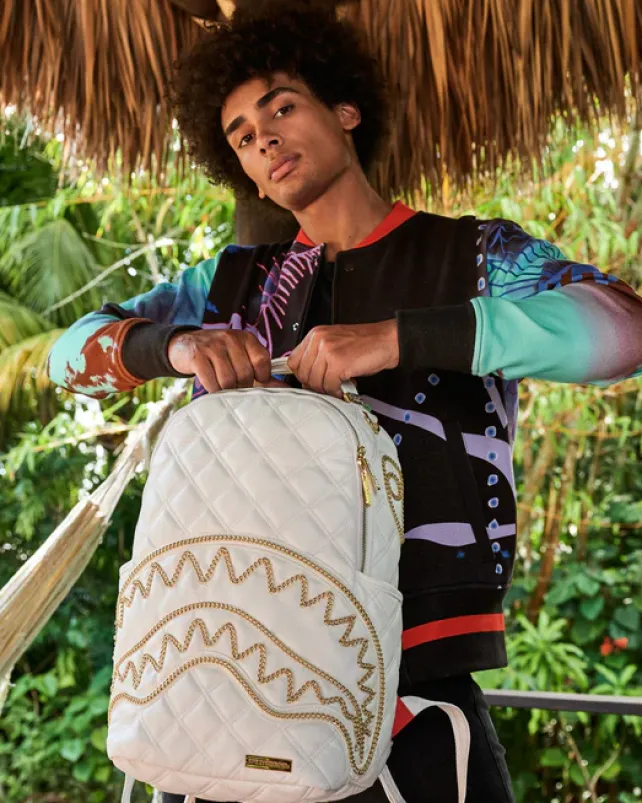 BACKPACKS>SPRAYGROUND RIVIERA LE BLANC GOLD CHAIN SHARK BACKPACK (DLXV)