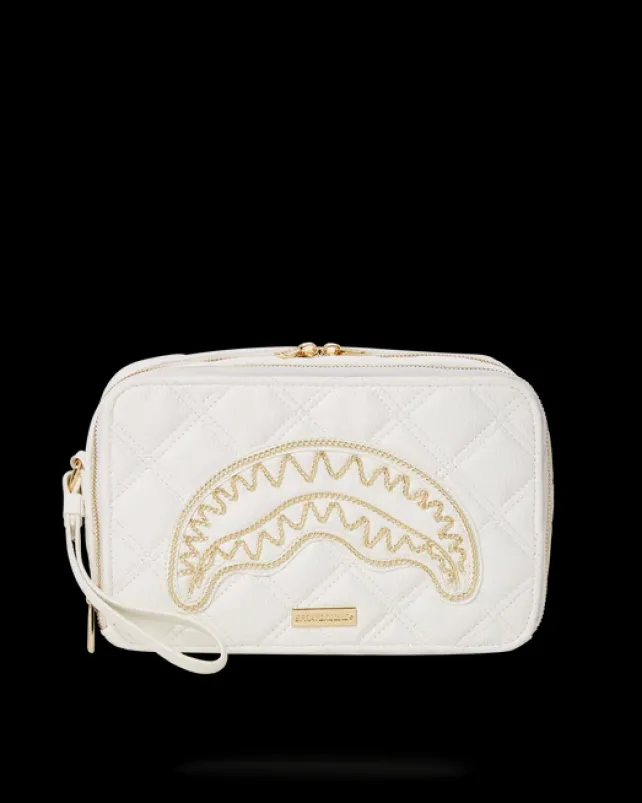TOILETRIES AKA MONEY BAGS>SPRAYGROUND RIVIERA LE BLANC GOLD CHAIN SHARK TOILETRY BAG