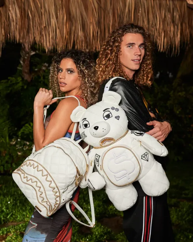 TEDDY BEAR BACKPACKS|BACKPACKS>SPRAYGROUND RIVIERA LE BLANC GOLD CHAIN MONEYBEAR TEDDYBEAR BACKPACK