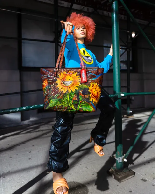 TOTES|HANDBAGS>SPRAYGROUND SUNFLOWER GRIN RON ENGLISH COLLAB TOTE